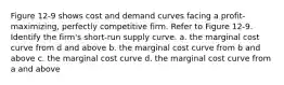 Figure 12-9 shows cost and demand curves facing a profit-maximizing, perfectly competitive firm. Refer to Figure 12-9. Identify the firm's short-run supply curve. a. the marginal cost curve from d and above b. the marginal cost curve from b and above c. the marginal cost curve d. the marginal cost curve from a and above