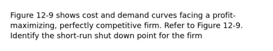 Figure 12-9 shows cost and demand curves facing a profit-maximizing, perfectly competitive firm. Refer to Figure 12-9. Identify the short-run shut down point for the firm