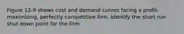 Figure 12-9 shows cost and demand curves facing a profit-maximizing, perfectly competitive firm. Identify the short run shut down point for the firm