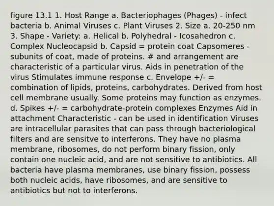 figure 13.1 1. Host Range a. Bacteriophages (Phages) - infect bacteria b. Animal Viruses c. Plant Viruses 2. Size a. 20-250 nm 3. Shape - Variety: a. Helical b. Polyhedral - Icosahedron c. Complex Nucleocapsid b. Capsid = protein coat Capsomeres - subunits of coat, made of proteins. # and arrangement are characteristic of a particular virus. Aids in penetration of the virus Stimulates immune response c. Envelope +/- = combination of lipids, proteins, carbohydrates. Derived from host cell membrane usually. Some proteins may function as enzymes. d. Spikes +/- = carbohydrate-protein complexes Enzymes Aid in attachment Characteristic - can be used in identification Viruses are intracellular parasites that can pass through bacteriological filters and are sensitve to interferons. They have no plasma membrane, ribosomes, do not perform binary fission, only contain one nucleic acid, and are not sensitive to antibiotics. All bacteria have plasma membranes, use binary fission, possess both nucleic acids, have ribosomes, and are sensitive to antibiotics but not to interferons.