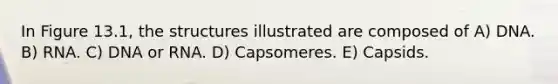 In Figure 13.1, the structures illustrated are composed of A) DNA. B) RNA. C) DNA or RNA. D) Capsomeres. E) Capsids.