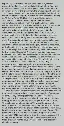 Figure 13.12 illustrates a unique prediction of hyperbolic discounting - that there are predictable times when, from one moment to the next, we will change our minds about what is important in life. In the graph from the preceding section (Figure 13.11), when dessert was immediately available, our decision-maker preferred cake (SSR) over the delayed benefits of dieting (LLR). But in Figure 13.12, neither reward is immediately available at T2, where the stick-figure decision-maker contemplates its options. From this location in time, both rewards are hyperbolically discounted in value and, importantly, these subjective values have changed places. Now the subjective value of the LLR (red dot) is greater than the discounted value of the SSR (green dot). At T2 the decision-maker can clearly see the benefits of dieting and resolves to stick with it. Unfortunately, when an immediately available dessert is encountered again, moving the decision-maker from T2 to T1 (in Figure 13.11), a "change of mind" will occur. The subjective values reverse positions again, dessert is consumed, and self-loathing ensues. Our stick-figure decision-maker notes its lack of "willpower" and resolves to buy a self-help book (How to Stick to Your Decisions). Preference reversals have been extensively studied by behavioral scientists interested in human and nonhuman behavior; they predictably occur when the decision-making is moved, in time, from T1 to T2 (or vice versa; Ainslie & Herrnstein, 1981; Green et al., 1994; Kirby & Herrnstein, 1995). One reason for the interest in preference reversals is that "changing your mind" from a self-control choice to an impulsive choice is maladaptive. Another reason is that it seems so irrational, and yet we all do it. For example, most of us set the alarm with good intentions to get up, but when the alarm goes off we snooze it at least once. This is a preference reversal. The night before (at T2 in Figure 13.12), the subjective value of getting up early (the red dot at T2) was higher (more valuable) than the discounted value of a little more sleep tomorrow morning (the green dot at T2). However, while sleeping, the decision-maker moves from T2 to T1. When the alarm goes off at T1, extra sleep is an immediate reinforcer and it is more valuable than the discounted value of the delayed benefits of getting up on time. A very similar preference reversal occurs when individuals with a substance-use disorder commit to outpatient therapy with the best of intentions to quit (Bickel et al., 1998). These choices are often made at T2, in the therapist's office when drugs are not immediately available. Here the subjective value of the delay benefits of drug abstinence (the red dot at T2) is subjectively greater than the discounted value of drugs (the green dot at T2). A few days later when drugs are available immediately (T1), the individual finds that they cannot resist the immediate temptation of drug use. The subjective values of these choice outcomes have reversed, as has the decision to abstain from drugs.