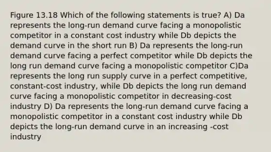 Figure 13.18 Which of the following statements is true? A) Da represents the long-run demand curve facing a monopolistic competitor in a constant cost industry while Db depicts the demand curve in the short run B) Da represents the long-run demand curve facing a perfect competitor while Db depicts the long run demand curve facing a monopolistic competitor C)Da represents the long run supply curve in a perfect competitive, constant-cost industry, while Db depicts the long run demand curve facing a monopolistic competitor in decreasing-cost industry D) Da represents the long-run demand curve facing a monopolistic competitor in a constant cost industry while Db depicts the long-run demand curve in an increasing -cost industry