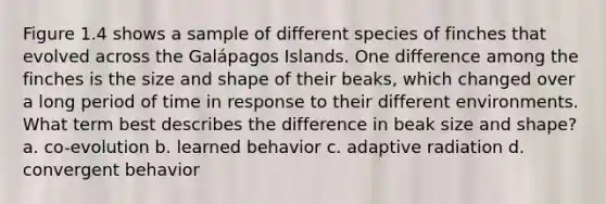 Figure 1.4 shows a sample of different species of finches that evolved across the Galápagos Islands. One difference among the finches is the size and shape of their beaks, which changed over a long period of time in response to their different environments. What term best describes the difference in beak size and shape? a. co-evolution b. learned behavior c. adaptive radiation d. convergent behavior