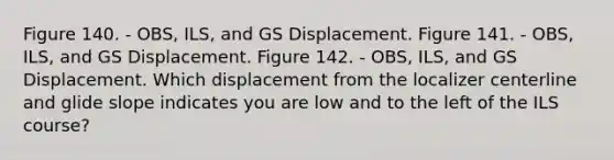 Figure 140. - OBS, ILS, and GS Displacement. Figure 141. - OBS, ILS, and GS Displacement. Figure 142. - OBS, ILS, and GS Displacement. Which displacement from the localizer centerline and glide slope indicates you are low and to the left of the ILS course?