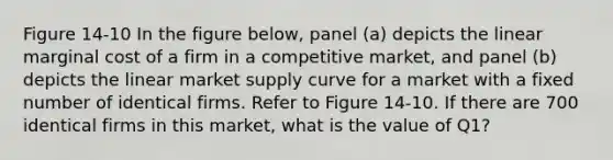 Figure 14-10 In the figure below, panel (a) depicts the linear marginal cost of a firm in a competitive market, and panel (b) depicts the linear market supply curve for a market with a fixed number of identical firms. Refer to Figure 14-10. If there are 700 identical firms in this market, what is the value of Q1?