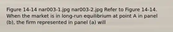 Figure 14-14 nar003-1.jpg nar003-2.jpg Refer to Figure 14-14. When the market is in long-run equilibrium at point A in panel (b), the firm represented in panel (a) will