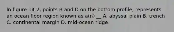 In figure 14-2, points B and D on the bottom profile, represents an ocean floor region known as a(n) __ A. abyssal plain B. trench C. continental margin D. mid-ocean ridge