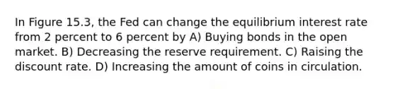 In Figure 15.3, the Fed can change the equilibrium interest rate from 2 percent to 6 percent by A) Buying bonds in the open market. B) Decreasing the reserve requirement. C) Raising the discount rate. D) Increasing the amount of coins in circulation.