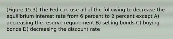 (Figure 15.3) The Fed can use all of the following to decrease the equilibrium interest rate from 6 percent to 2 percent except A) decreasing the reserve requirement B) selling bonds C) buying bonds D) decreasing the discount rate