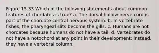 Figure 15.33 Which of the following statements about common features of chordates is true? a. The dorsal hollow nerve cord is part of the chordate central <a href='https://www.questionai.com/knowledge/kThdVqrsqy-nervous-system' class='anchor-knowledge'>nervous system</a>. b. In vertebrate fishes, the pharyngeal slits become the gills. c. Humans are not chordates because humans do not have a tail. d. Vertebrates do not have a notochord at any point in their development; instead, they have a <a href='https://www.questionai.com/knowledge/ki4fsP39zf-vertebral-column' class='anchor-knowledge'>vertebral column</a>.