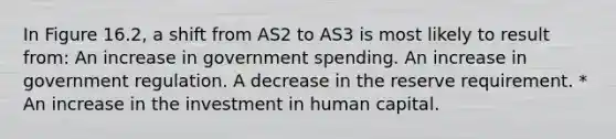 In Figure 16.2, a shift from AS2 to AS3 is most likely to result from: An increase in government spending. An increase in government regulation. A decrease in the reserve requirement. * An increase in the investment in human capital.