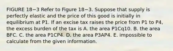 FIGURE 18−3 Refer to Figure 18−3. Suppose that supply is perfectly elastic and the price of this good is initially in equilibrium at P1. If an excise tax raises the price from P1 to P4​, the excess burden of the tax is A. the area P1Cq10. B. the area BFC. C. the area P1CP4. D. the area P3AP4. E. impossible to calculate from the given information.