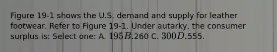 Figure 19-1 shows the U.S. demand and supply for leather footwear. Refer to Figure 19-1. Under autarky, the consumer surplus is: Select one: A. 195 B.260 C. 300 D.555.