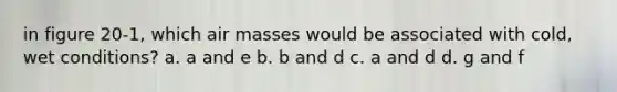 in figure 20-1, which <a href='https://www.questionai.com/knowledge/kxxue2ni5z-air-masses' class='anchor-knowledge'>air masses</a> would be associated with cold, wet conditions? a. a and e b. b and d c. a and d d. g and f