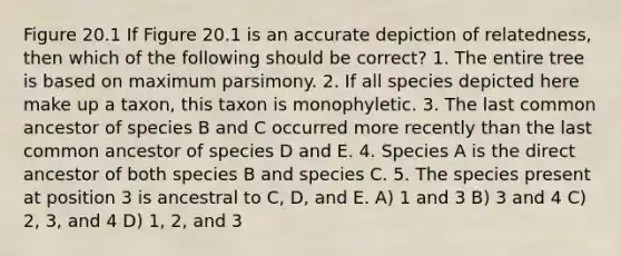 Figure 20.1 If Figure 20.1 is an accurate depiction of relatedness, then which of the following should be correct? 1. The entire tree is based on maximum parsimony. 2. If all species depicted here make up a taxon, this taxon is monophyletic. 3. The last common ancestor of species B and C occurred more recently than the last common ancestor of species D and E. 4. Species A is the direct ancestor of both species B and species C. 5. The species present at position 3 is ancestral to C, D, and E. A) 1 and 3 B) 3 and 4 C) 2, 3, and 4 D) 1, 2, and 3