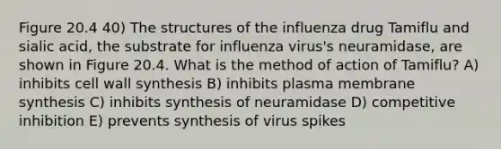 Figure 20.4 40) The structures of the influenza drug Tamiflu and sialic acid, the substrate for influenza virus's neuramidase, are shown in Figure 20.4. What is the method of action of Tamiflu? A) inhibits cell wall synthesis B) inhibits plasma membrane synthesis C) inhibits synthesis of neuramidase D) competitive inhibition E) prevents synthesis of virus spikes