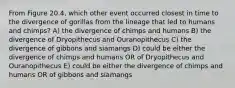 From Figure 20.4, which other event occurred closest in time to the divergence of gorillas from the lineage that led to humans and chimps? A) the divergence of chimps and humans B) the divergence of Dryopithecus and Ouranopithecus C) the divergence of gibbons and siamangs D) could be either the divergence of chimps and humans OR of Dryopithecus and Ouranopithecus E) could be either the divergence of chimps and humans OR of gibbons and siamangs