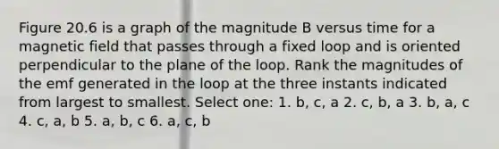 Figure 20.6 is a graph of the magnitude B versus time for a magnetic field that passes through a fixed loop and is oriented perpendicular to the plane of the loop. Rank the magnitudes of the emf generated in the loop at the three instants indicated from largest to smallest. Select one: 1. b, c, a 2. c, b, a 3. b, a, c 4. c, a, b 5. a, b, c 6. a, c, b