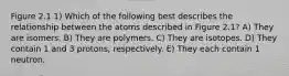 Figure 2.1 1) Which of the following best describes the relationship between the atoms described in Figure 2.1? A) They are isomers. B) They are polymers. C) They are isotopes. D) They contain 1 and 3 protons, respectively. E) They each contain 1 neutron.