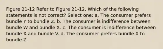 Figure 21-12 Refer to Figure 21-12. Which of the following statements is not correct? Select one: a. The consumer prefers bundle Y to bundle Z. b. The consumer is indifference between bundle W and bundle X. c. The consumer is indifference between bundle X and bundle V. d. The consumer prefers bundle X to bundle Z.