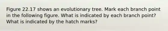 Figure 22.17 shows an evolutionary tree. Mark each branch point in the following figure. What is indicated by each branch point? What is indicated by the hatch marks?