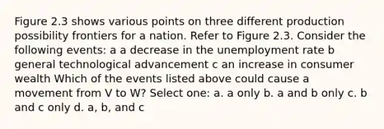 Figure 2.3 shows various points on three different production possibility frontiers for a nation. Refer to Figure 2.3. Consider the following events: a a decrease in the unemployment rate b general technological advancement c an increase in consumer wealth Which of the events listed above could cause a movement from V to W? Select one: a. a only b. a and b only c. b and c only d. a, b, and c