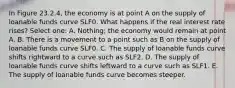 In Figure 23.2.4, the economy is at point A on the supply of loanable funds curve SLF0. What happens if the real interest rate rises? Select one: A. Nothing; the economy would remain at point A. B. There is a movement to a point such as B on the supply of loanable funds curve SLF0. C. The supply of loanable funds curve shifts rightward to a curve such as SLF2. D. The supply of loanable funds curve shifts leftward to a curve such as SLF1. E. The supply of loanable funds curve becomes steeper.