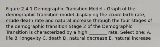 Figure 2.4.1 Demographic Transition Model - Graph of the demographic transition model displaying the crude birth rate, crude death rate and natural increase through the four stages of the demographic transition Stage 2 of the Demographic Transition is characterized by a high ________ rate. Select one: A. life B. longevity C. death D. natural decrease E. natural increase