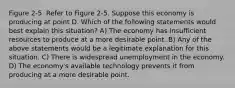 Figure 2-5 ​ Refer to Figure 2-5. Suppose this economy is producing at point D. Which of the following statements would best explain this situation? A) The economy has insufficient resources to produce at a more desirable point. B) Any of the above statements would be a legitimate explanation for this situation. C) There is widespread unemployment in the economy. D) The economy's available technology prevents it from producing at a more desirable point.