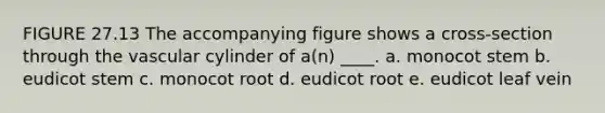 FIGURE 27.13 The accompanying figure shows a cross-section through the vascular cylinder of a(n) ____. a. ​monocot stem b. ​eudicot stem c. ​monocot root d. ​eudicot root e. ​eudicot leaf vein