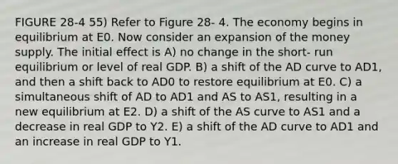 FIGURE 28-4 55) Refer to Figure 28- 4. The economy begins in equilibrium at E0. Now consider an expansion of the money supply. The initial effect is A) no change in the short- run equilibrium or level of real GDP. B) a shift of the AD curve to AD1, and then a shift back to AD0 to restore equilibrium at E0. C) a simultaneous shift of AD to AD1 and AS to AS1, resulting in a new equilibrium at E2. D) a shift of the AS curve to AS1 and a decrease in real GDP to Y2. E) a shift of the AD curve to AD1 and an increase in real GDP to Y1.