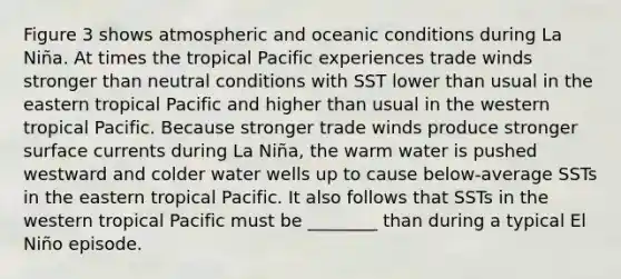 Figure 3 shows atmospheric and oceanic conditions during La Niña. At times the tropical Pacific experiences trade winds stronger than neutral conditions with SST lower than usual in the eastern tropical Pacific and higher than usual in the western tropical Pacific. Because stronger trade winds produce stronger surface currents during La Niña, the warm water is pushed westward and colder water wells up to cause below-average SSTs in the eastern tropical Pacific. It also follows that SSTs in the western tropical Pacific must be ________ than during a typical El Niño episode.