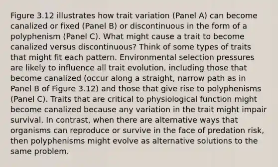 Figure 3.12 illustrates how trait variation (Panel A) can become canalized or fixed (Panel B) or discontinuous in the form of a polyphenism (Panel C). What might cause a trait to become canalized versus discontinuous? Think of some types of traits that might fit each pattern. Environmental selection pressures are likely to influence all trait evolution, including those that become canalized (occur along a straight, narrow path as in Panel B of Figure 3.12) and those that give rise to polyphenisms (Panel C). Traits that are critical to physiological function might become canalized because any variation in the trait might impair survival. In contrast, when there are alternative ways that organisms can reproduce or survive in the face of predation risk, then polyphenisms might evolve as alternative solutions to the same problem.