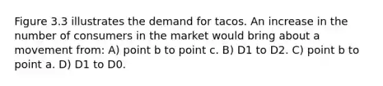 Figure 3.3 illustrates the demand for tacos. An increase in the number of consumers in the market would bring about a movement from: A) point b to point c. B) D1 to D2. C) point b to point a. D) D1 to D0.