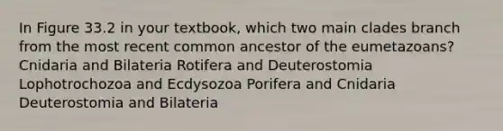 In Figure 33.2 in your textbook, which two main clades branch from the most recent common ancestor of the eumetazoans? Cnidaria and Bilateria Rotifera and Deuterostomia Lophotrochozoa and Ecdysozoa Porifera and Cnidaria Deuterostomia and Bilateria