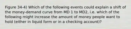 Figure 34-4) Which of the following events could explain a shift of the money-demand curve from MD 1 to MD2, i.e. which of the following might increase the amount of money people want to hold (either in liquid form or in a checking account)?