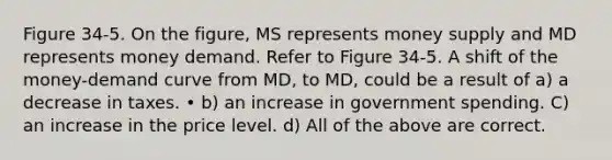 Figure 34-5. On the figure, MS represents money supply and MD represents money demand. Refer to Figure 34-5. A shift of the money-demand curve from MD, to MD, could be a result of a) a decrease in taxes. • b) an increase in government spending. C) an increase in the price level. d) All of the above are correct.