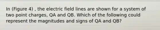 In (Figure 4) , the electric field lines are shown for a system of two point charges, QA and QB. Which of the following could represent the magnitudes and signs of QA and QB?