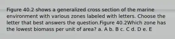 Figure 40.2 shows a generalized cross section of the marine environment with various zones labeled with letters. Choose the letter that best answers the question.Figure 40.2Which zone has the lowest biomass per unit of area? a. A b. B c. C d. D e. E