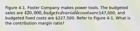 Figure 4-1. Foster Company makes power tools. The budgeted sales are 420,000, budgeted variable costs are147,000, and budgeted fixed costs are 227,500. Refer to Figure 4-1. What is the contribution margin ratio?