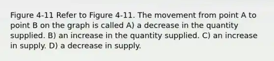 Figure 4-11 Refer to Figure 4-11. The movement from point A to point B on the graph is called A) a decrease in the quantity supplied. B) an increase in the quantity supplied. C) an increase in supply. D) a decrease in supply.