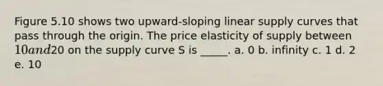 Figure 5.10 shows two upward-sloping linear supply curves that pass through the origin. The price elasticity of supply between 10 and20 on the supply curve S is _____. a. 0 b. infinity c. 1 d. 2 e. 10