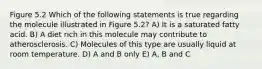 Figure 5.2 Which of the following statements is true regarding the molecule illustrated in Figure 5.2? A) It is a saturated fatty acid. B) A diet rich in this molecule may contribute to atherosclerosis. C) Molecules of this type are usually liquid at room temperature. D) A and B only E) A, B and C