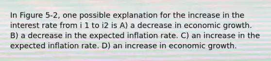 In Figure 5-2, one possible explanation for the increase in the interest rate from i 1 to i2 is A) a decrease in economic growth. B) a decrease in the expected inflation rate. C) an increase in the expected inflation rate. D) an increase in economic growth.