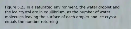 Figure 5.23 In a saturated environment, the water droplet and the ice crystal are in equilibrium, as the number of water molecules leaving the surface of each droplet and ice crystal equals the number returning