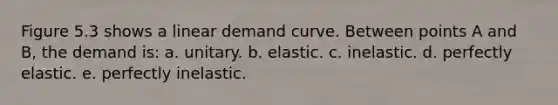 Figure 5.3 shows a linear demand curve. Between points A and B, the demand is: a. unitary. b. elastic. c. inelastic. d. perfectly elastic. e. perfectly inelastic.