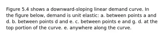 Figure 5.4 shows a downward-sloping linear demand curve. In the figure below, demand is unit elastic: a. between points a and d. b. between points d and e. c. between points e and g. d. at the top portion of the curve. e. anywhere along the curve.