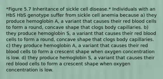 *Figure 5.7 Inheritance of sickle cell disease.* Individuals with an HbS HbS genotype suffer from sickle cell anemia because a) they produce hemoglobin A, a variant that causes their red blood cells to form a round, concave shape that clogs body capillaries. b) they produce hemoglobin S, a variant that causes their red blood cells to form a round, concave shape that clogs body capillaries. c) they produce hemoglobin A, a variant that causes their red blood cells to form a crescent shape when oxygen concentration is low. d) they produce hemoglobin S, a variant that causes their red blood cells to form a crescent shape when oxygen concentration is low.