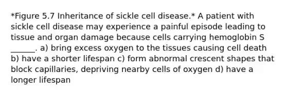 *Figure 5.7 Inheritance of sickle cell disease.* A patient with sickle cell disease may experience a painful episode leading to tissue and organ damage because cells carrying hemoglobin S ______. a) bring excess oxygen to the tissues causing cell death b) have a shorter lifespan c) form abnormal crescent shapes that block capillaries, depriving nearby cells of oxygen d) have a longer lifespan